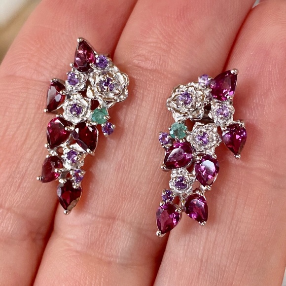 Genuine Rhodolite Emerald Amethyst Earrings - Picture 3 of 9